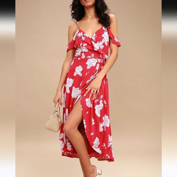 Lulu's Bouquet Blooms Red Floral Print Off-the-Shoulder Wrap Midi Dress Small - Picture 1 of 8
